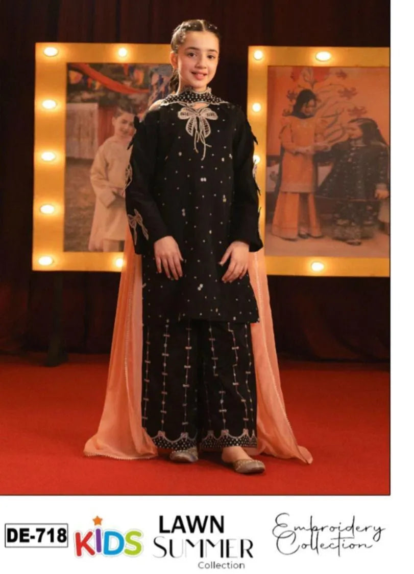 Black Embroidered Girl's Lawn 3Pcs Set
