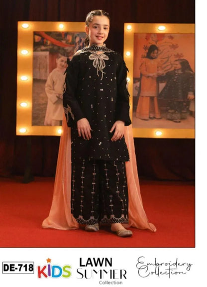 Black Embroidered Girl's Lawn 3Pcs Set