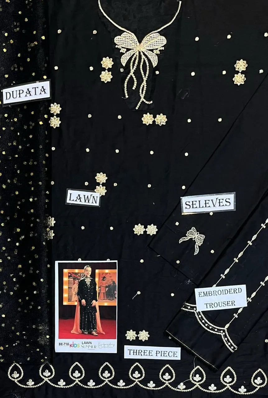 Black Embroidered Girl's Lawn 3Pcs Set