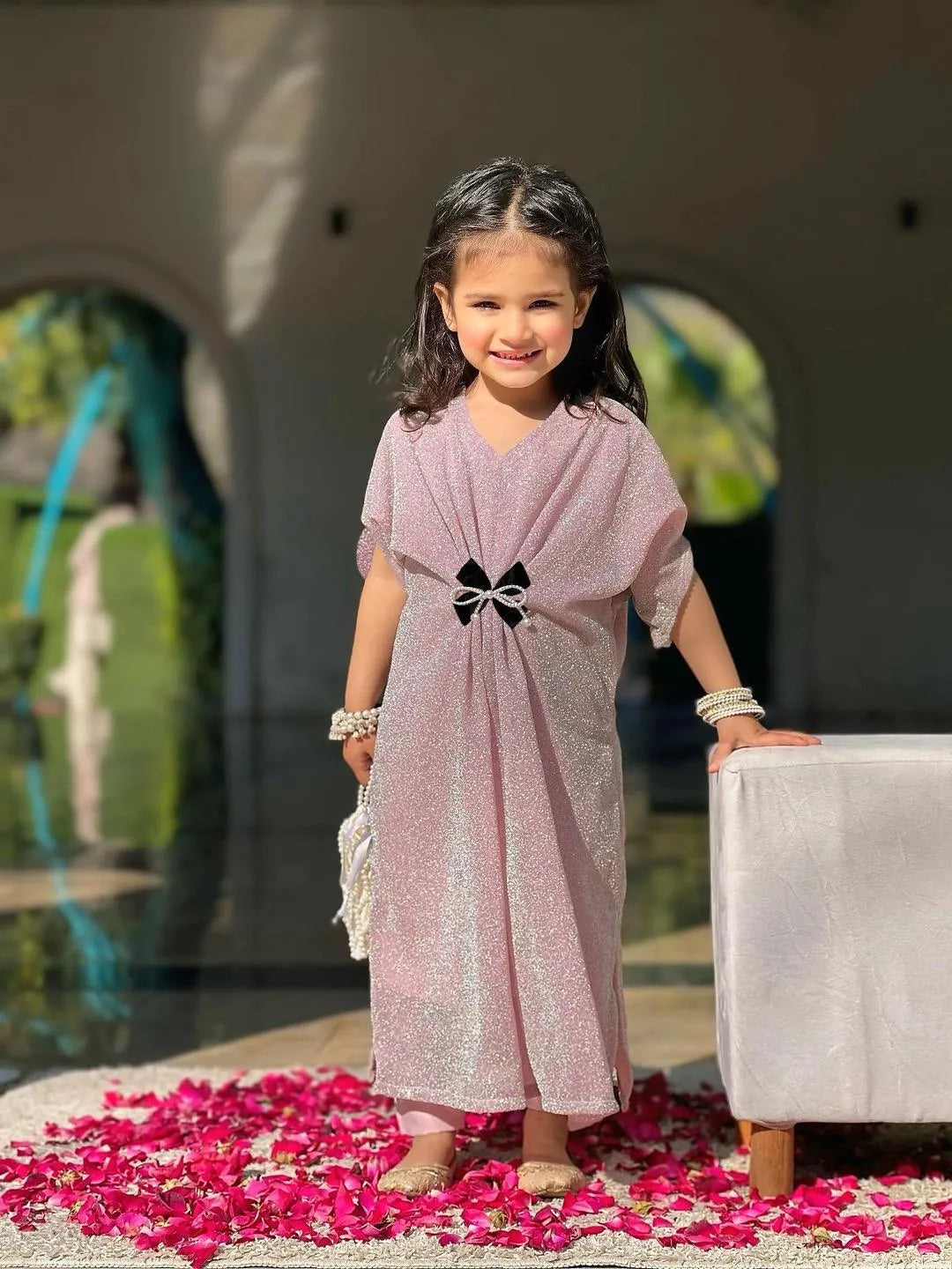 Girls Pink Embroidered Kaftan Trouser Set for Eid