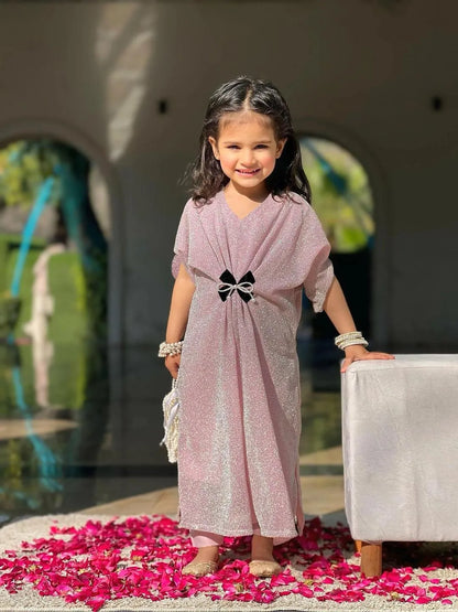 Girls Pink Embroidered Kaftan Trouser Set for Eid