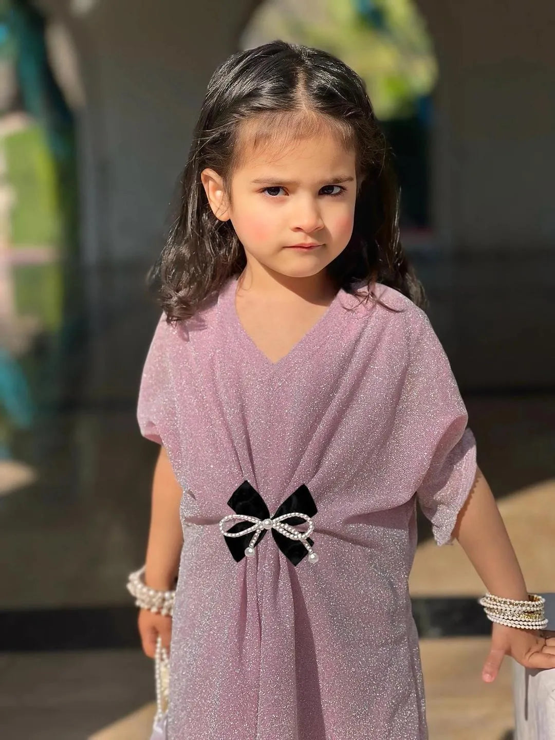 Girls Pink Embroidered Kaftan Trouser Set for Eid