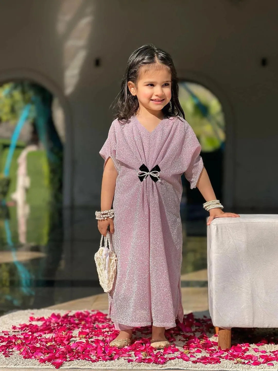 Girls Pink Embroidered Kaftan Trouser Set for Eid