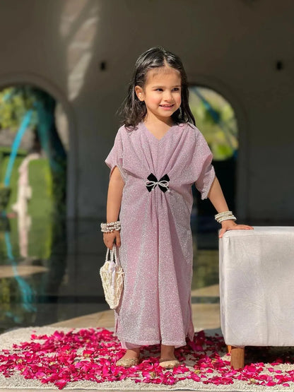 Girls Pink Embroidered Kaftan Trouser Set for Eid
