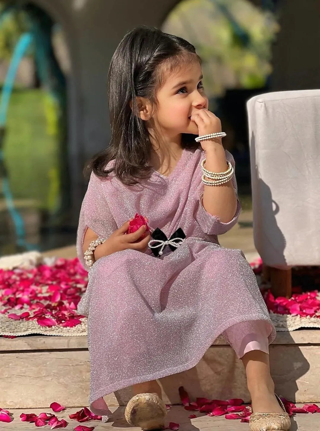 Girls Pink Embroidered Kaftan Trouser Set for Eid