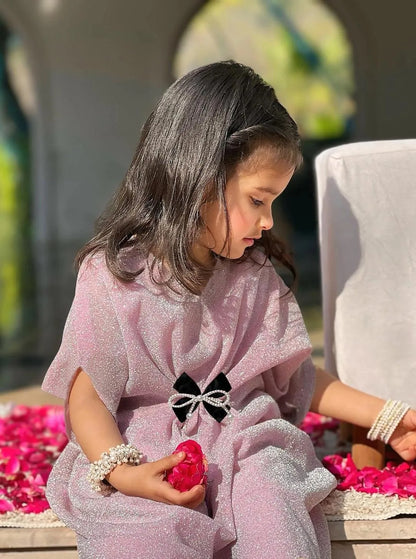 Girls Pink Embroidered Kaftan Trouser Set for Eid