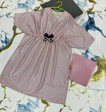 Girls Pink Embroidered Kaftan Trouser Set for Eid