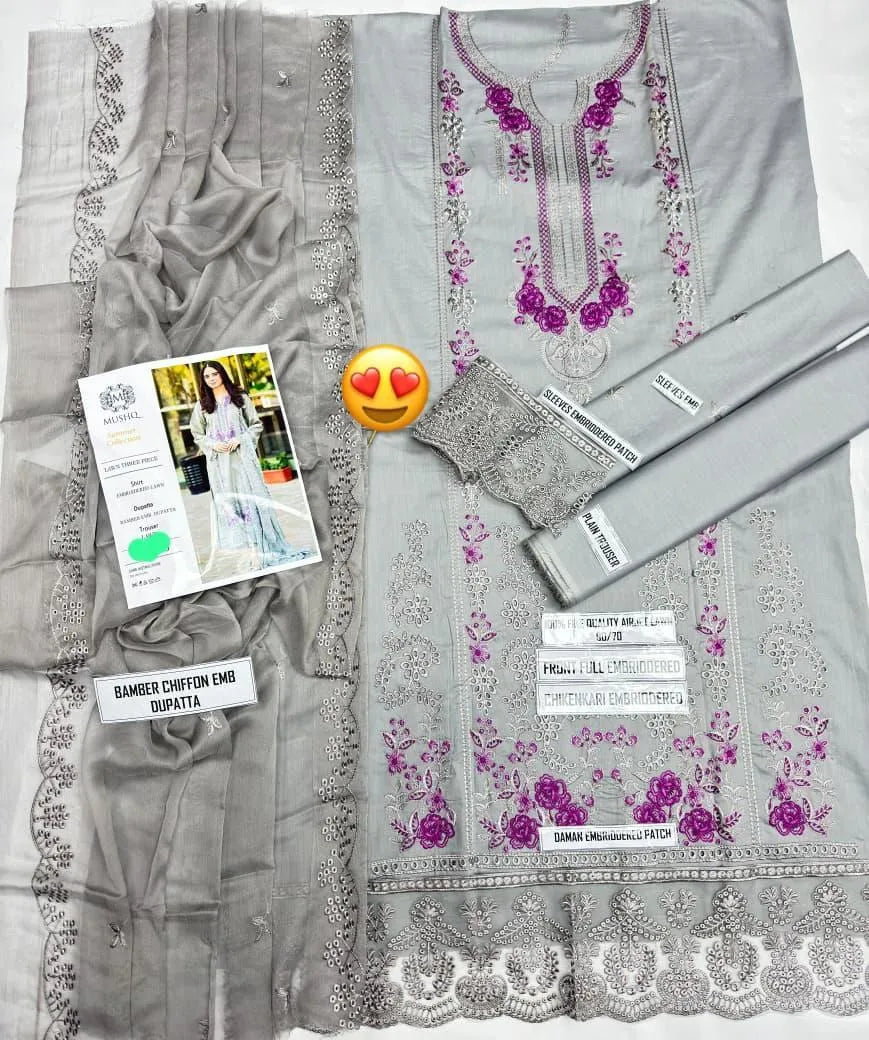 Lawn Suit Grey with Chikenkari Dupatta