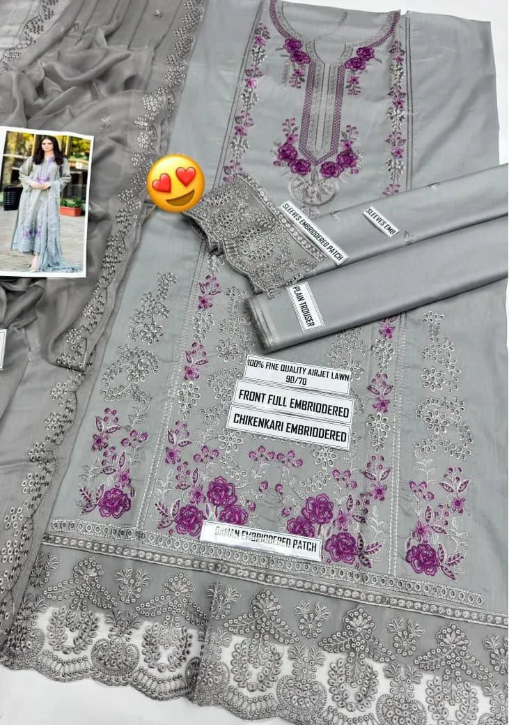 Lawn Suit Grey with Chikenkari Dupatta