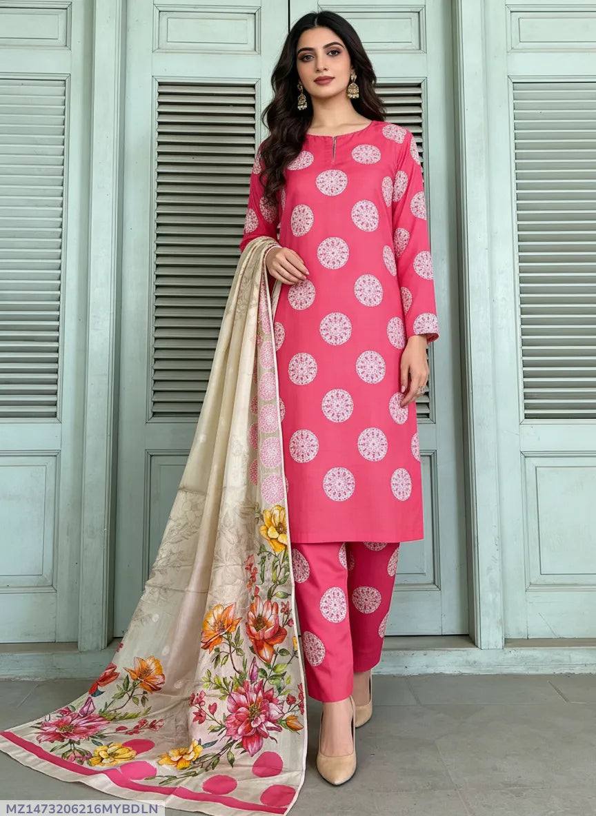3 Pcs Women's Unstitched Digital Print Suit