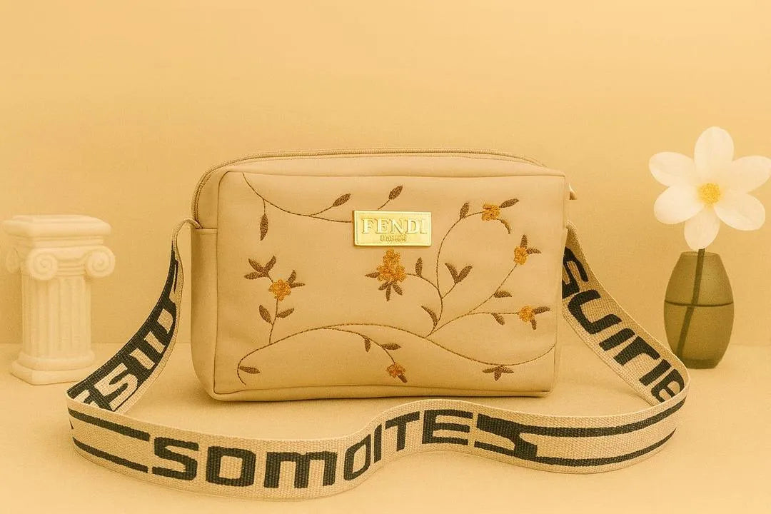 Women's Leather Handbag with Floral Embroidery & Strap