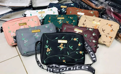 Women's Leather Handbag with Floral Embroidery & Strap