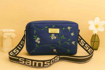 Women's Leather Handbag with Floral Embroidery & Strap