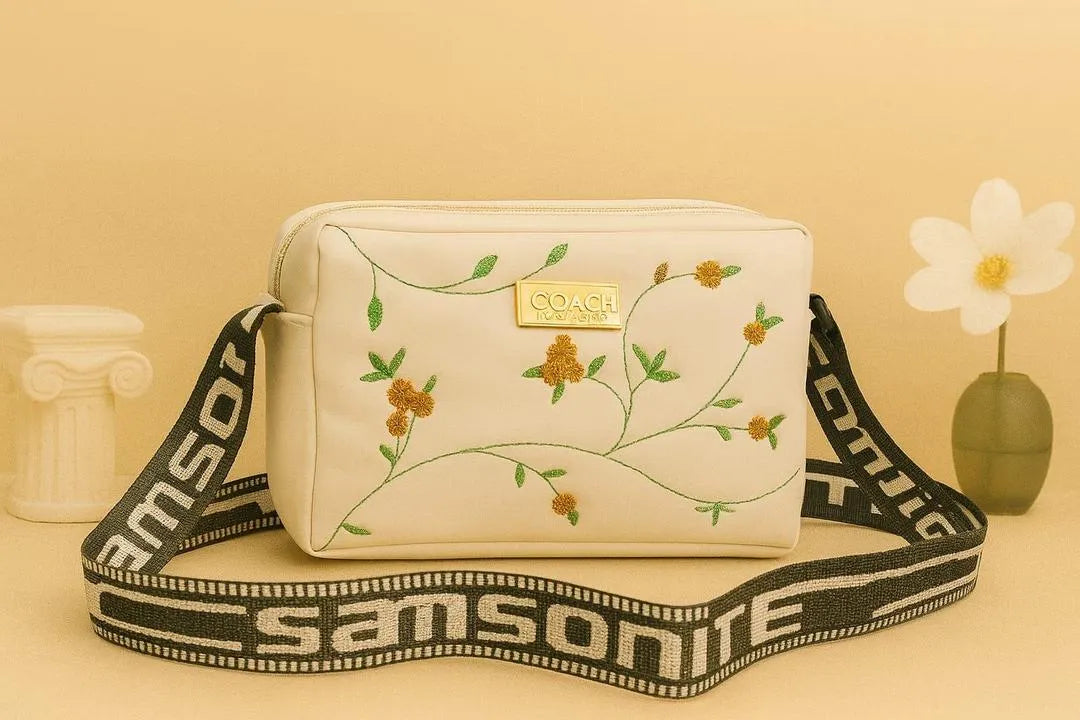 Women's Leather Handbag with Floral Embroidery & Strap