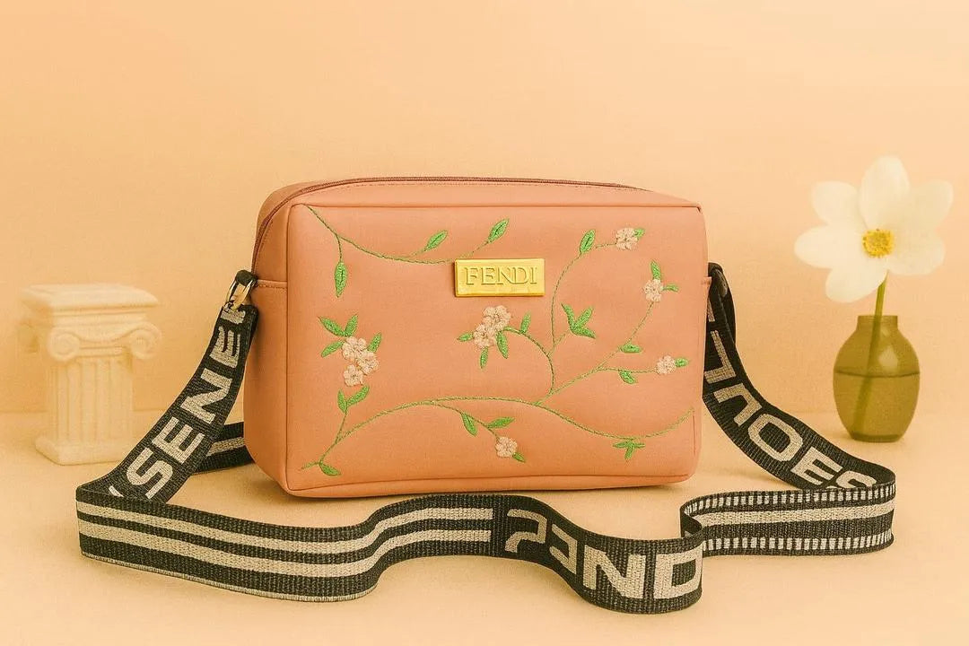 Women's Leather Handbag with Floral Embroidery & Strap