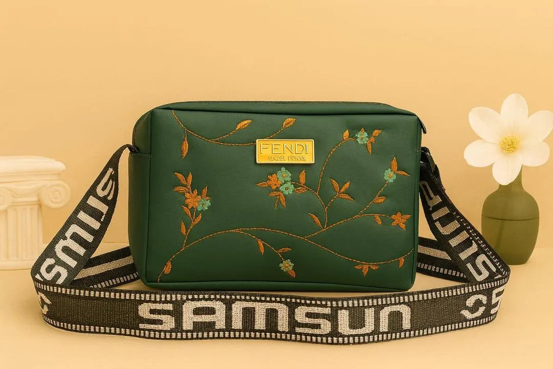 Women's Leather Handbag with Floral Embroidery & Strap