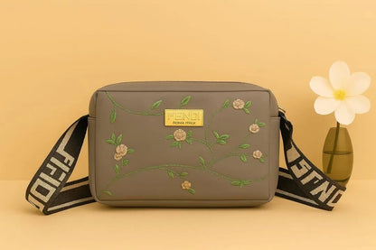 Women's Leather Handbag with Floral Embroidery & Strap
