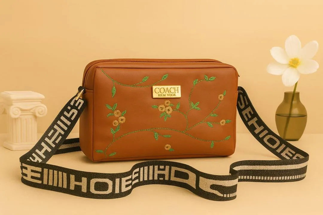 Women's Leather Handbag with Floral Embroidery & Strap
