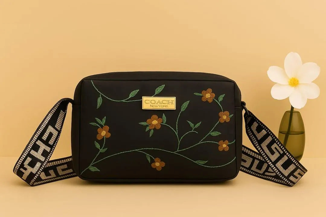 Women's Leather Handbag with Floral Embroidery & Strap