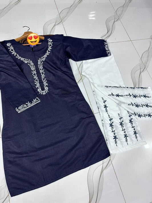 2 Pcs Women's Stitched Cotton Embroidered Shirt And Trouser