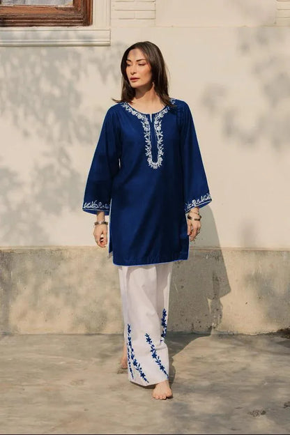 2 Pcs Women's Stitched Cotton Embroidered Shirt And Trouser